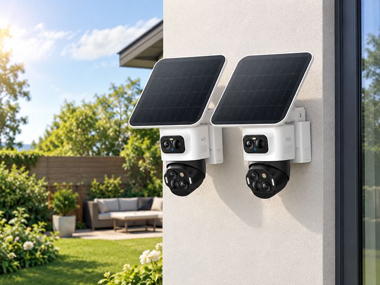 Camera's met zonnepanelen aan de muur