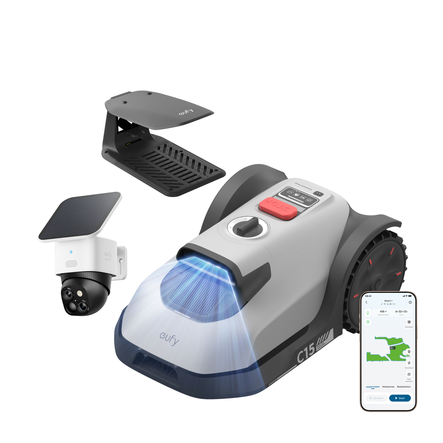 eufy Robotgrasmaaier C15 met Regenkap met SoloCam S340 2K PTZ Camera