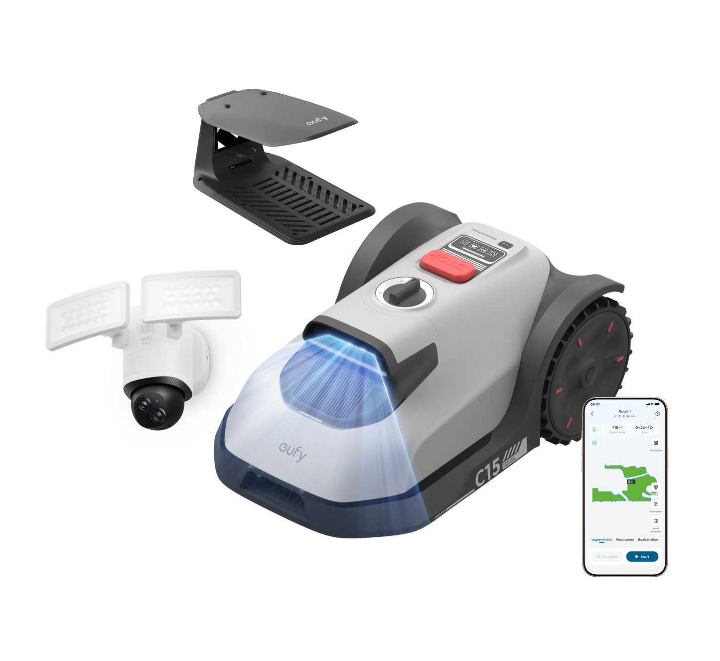 eufy Robotgrasmaaier C15 met Regenkap met Floodlight Camera E340