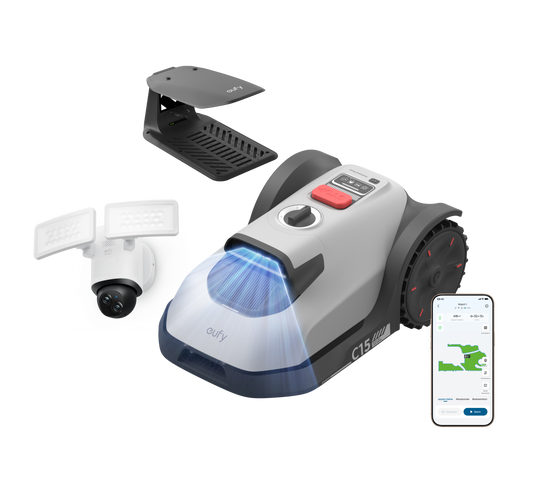 eufy Robotgrasmaaier C15 met Regenkap met Floodlight Camera E340