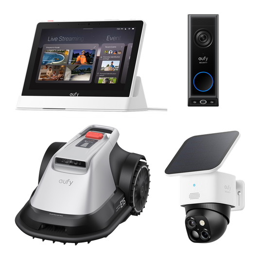 SoloCam S340 met Video Doorbell E340 met Smart Display E10 met eufy Robotgrasmaaier E15